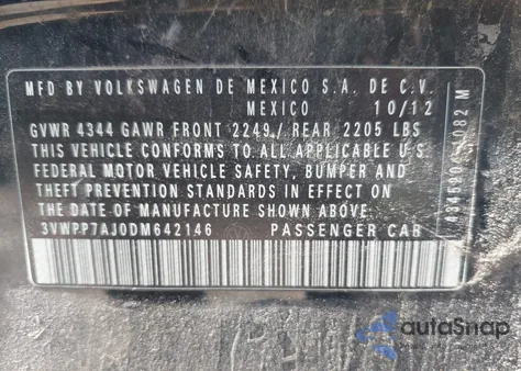 2013 Volkswagen Jetta 2.5L S from USA, damaged, VIN 3VWPP7AJ0DM642146